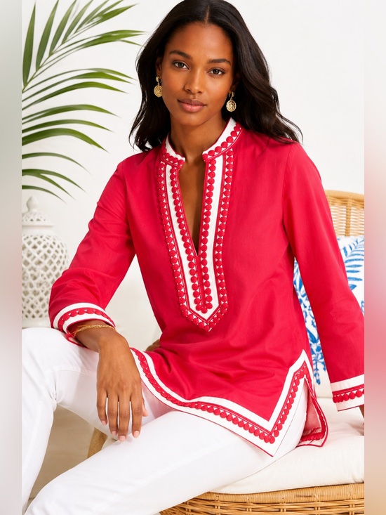 Tory Burch Tops - Tory Burch Pink Red Cotton Tunic Blouse Chinese Collar embroidered Resort 4